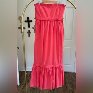 Strapless Coral Midi Dress with Ruffle Trim